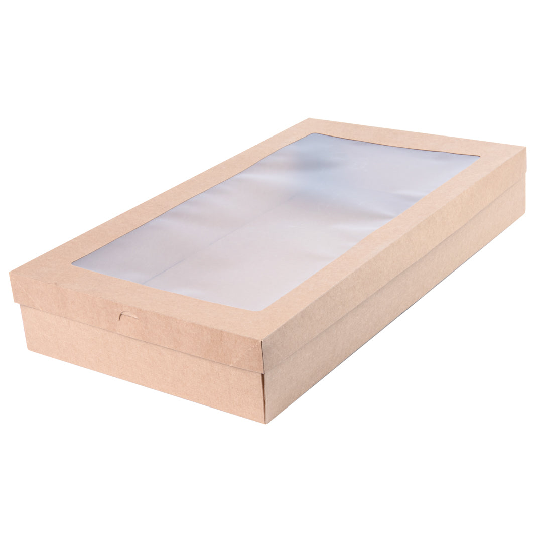 Cater Tek Rectangle Kraft Paper Catering Box - with Window Lid - 22 1/4" x 10" x 3 1/4" - 100 count box