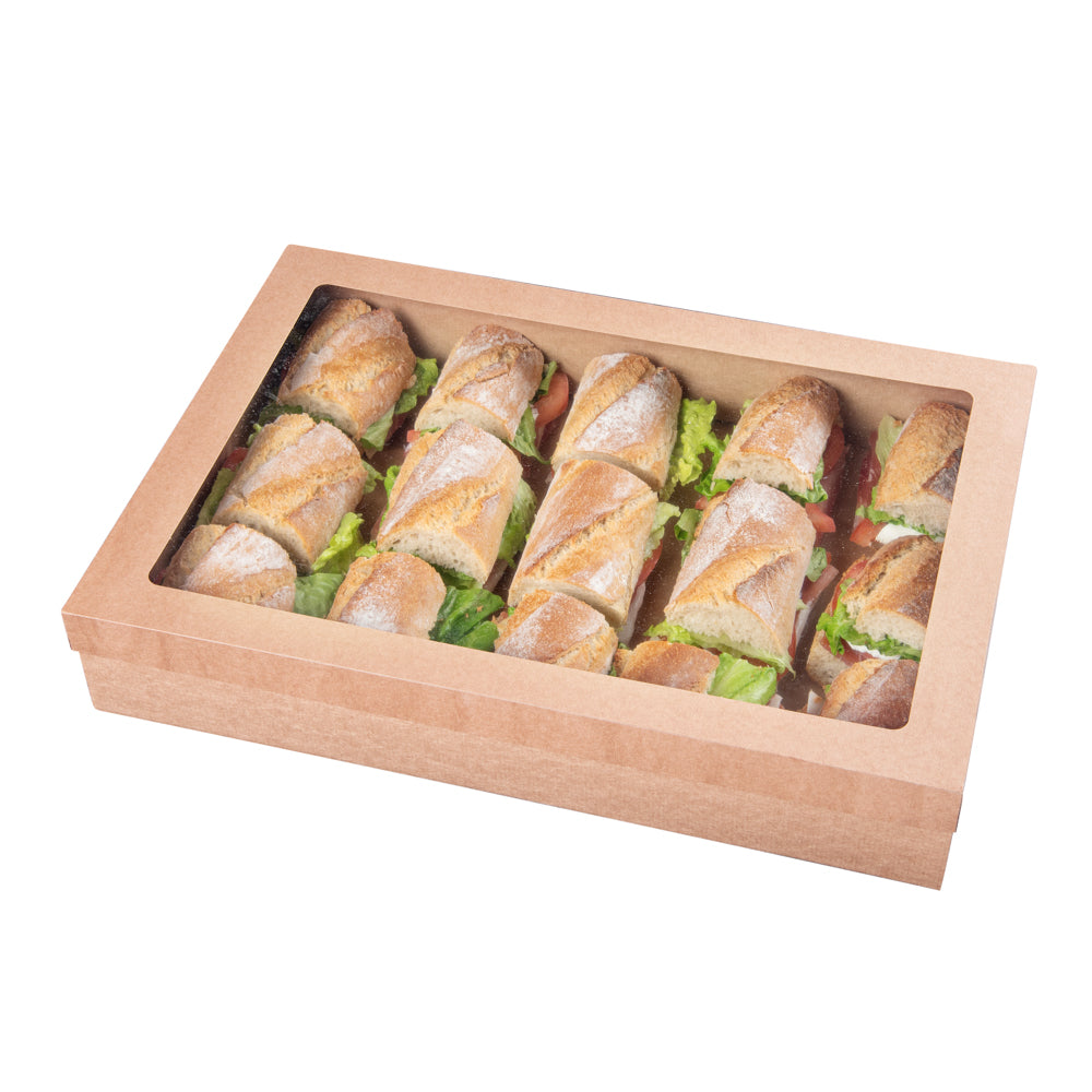 Cater Tek Rectangle Kraft Paper Catering Box - with Window Lid - 18" x 12 1/4" x 3 1/4" - 100 count box