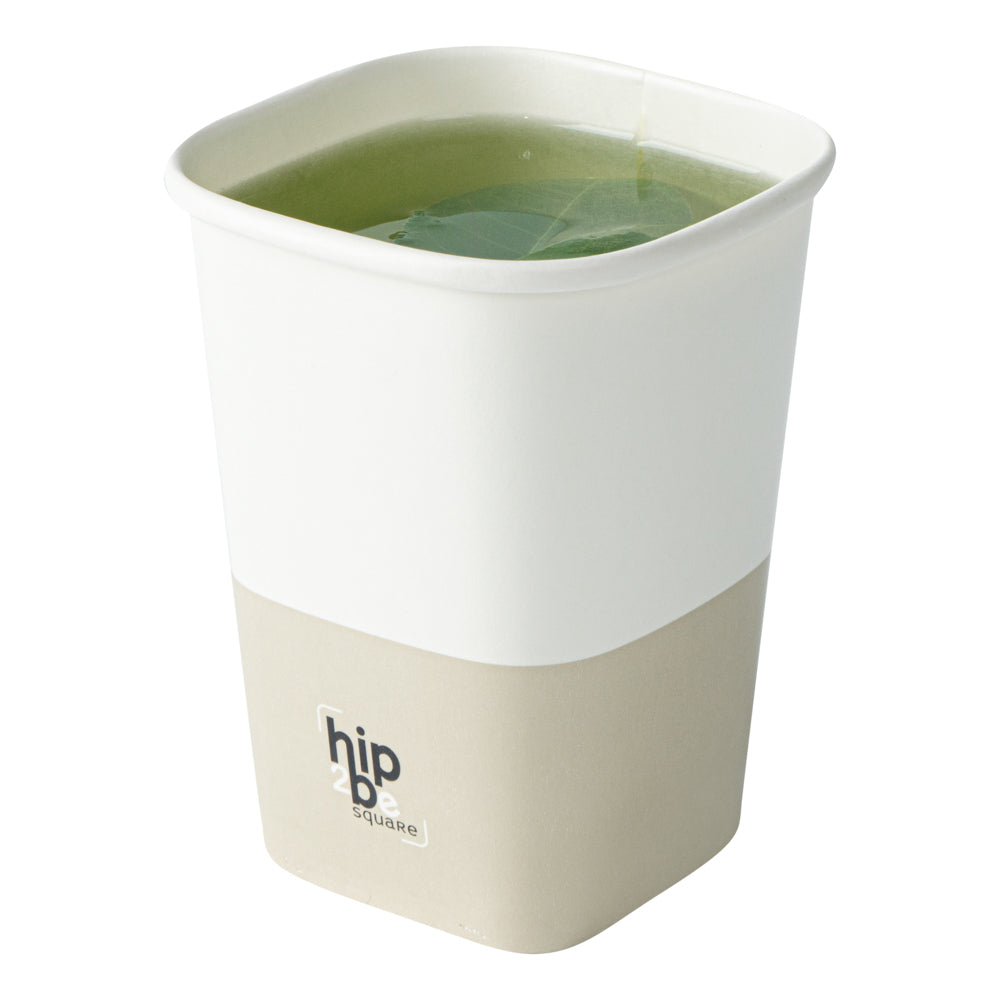 Hip 2 Be Square 12 oz White and Taupe Paper Hot / Cold Drinking Cup - Single Wall - 3 1/4" x 3 1/4" x 4 1/4" - 500 count box