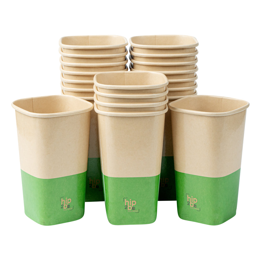 Hip 2 Be Square 16 oz Kraft and Green Paper Hot / Cold Drinking Cup - Single Wall - 3 1/4" x 3 1/4" x 5 1/2" - 500 count box