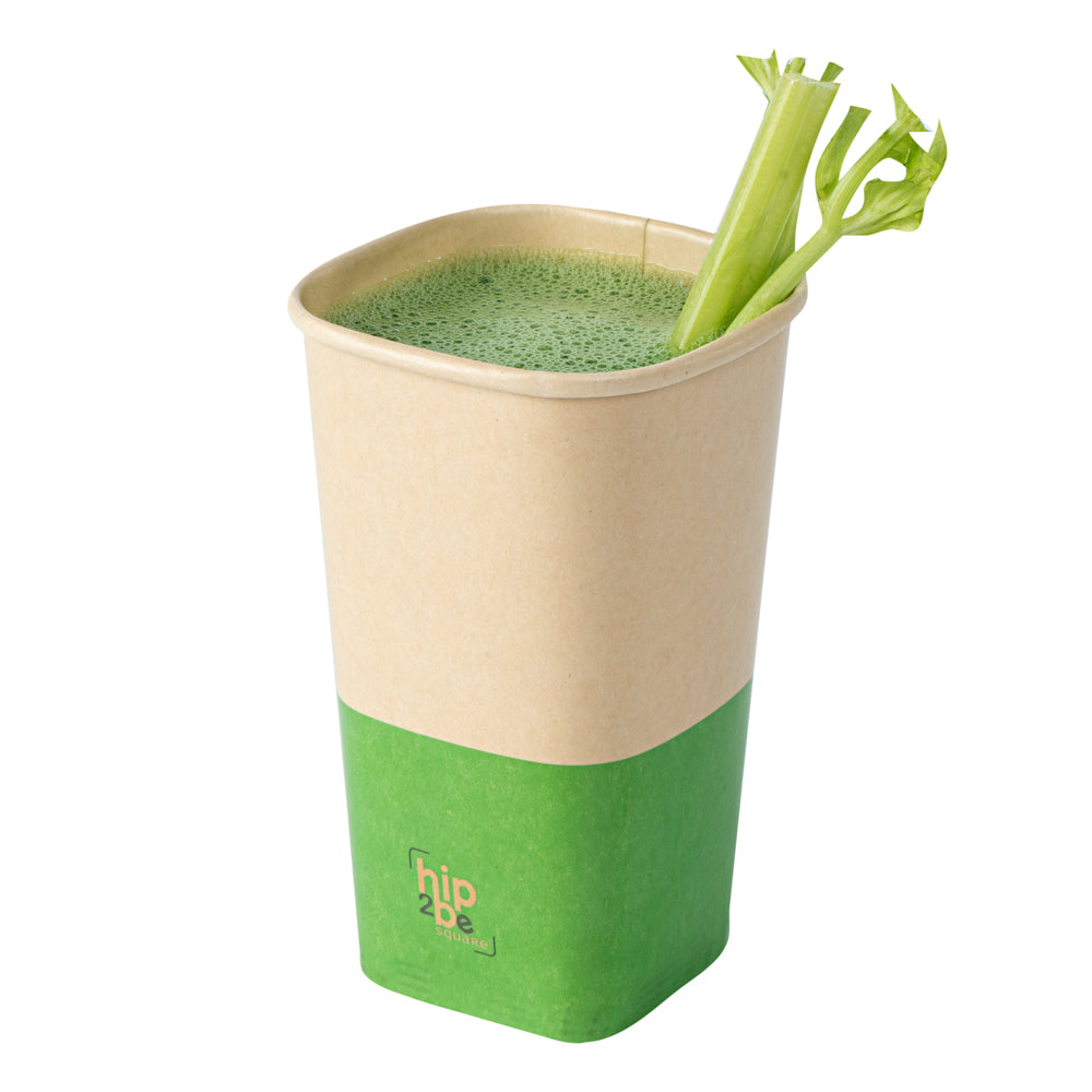 Hip 2 Be Square 16 oz Kraft and Green Paper Hot / Cold Drinking Cup - Single Wall - 3 1/4" x 3 1/4" x 5 1/2" - 500 count box