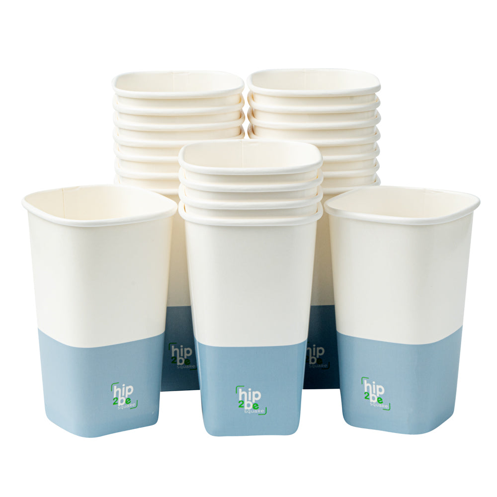 Hip 2 Be Square 16 oz White and Blue Paper Hot / Cold Drinking Cup - Single Wall - 3 1/4" x 3 1/4" x 5 1/2" - 500 count box