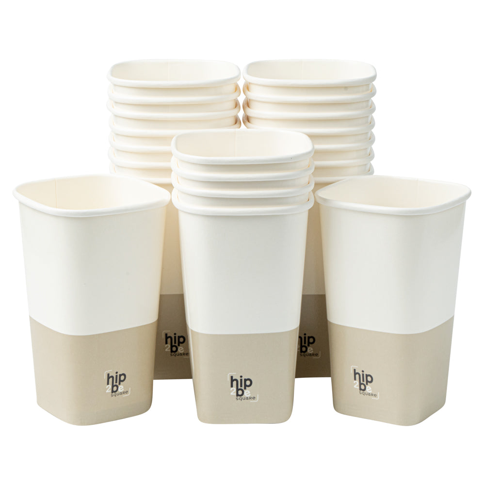 Hip 2 Be Square 16 oz White and Taupe Paper Hot / Cold Drinking Cup - Single Wall - 3 1/4" x 3 1/4" x 5 1/2" - 500 count box