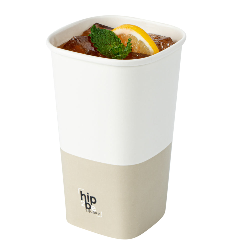 Hip 2 Be Square 16 oz White and Taupe Paper Hot / Cold Drinking Cup - Single Wall - 3 1/4" x 3 1/4" x 5 1/2" - 500 count box