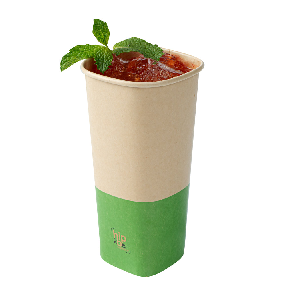 Hip 2 Be Square 22 oz Kraft and Green Paper Hot / Cold Drinking Cup - Single Wall - 3 1/4" x 3 1/4" x 6 3/4" - 500 count box