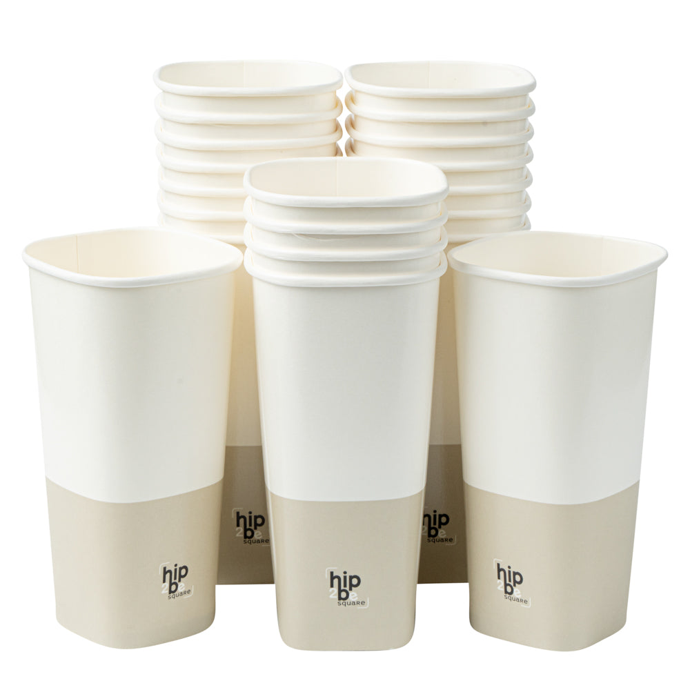 Hip 2 Be Square 22 oz White and Taupe Paper Hot / Cold Drinking Cup - Single Wall - 3 1/4" x 3 1/4" x 6 3/4" - 500 count box