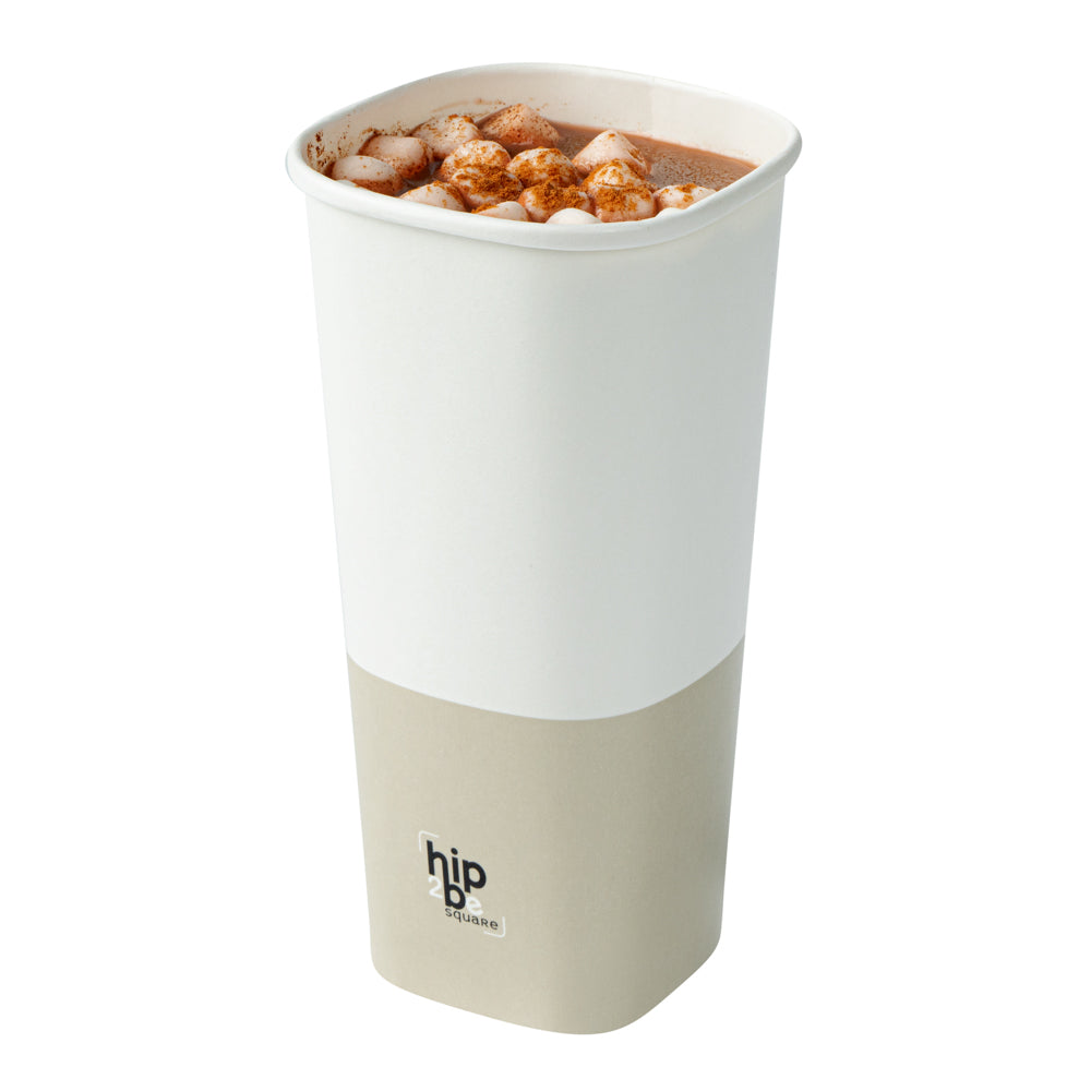 Hip 2 Be Square 22 oz White and Taupe Paper Hot / Cold Drinking Cup - Single Wall - 3 1/4" x 3 1/4" x 6 3/4" - 500 count box