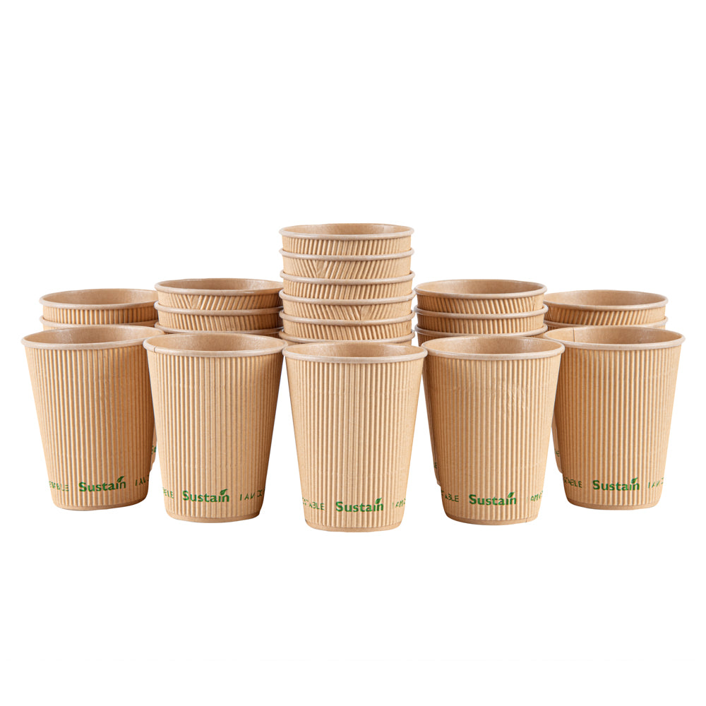 Sustain 12 oz Kraft Paper Coffee Cup - PLA Lining, Compostable, Ripple Wall - 3 1/2" x 3 1/2" x 4 1/4" - 500 count box