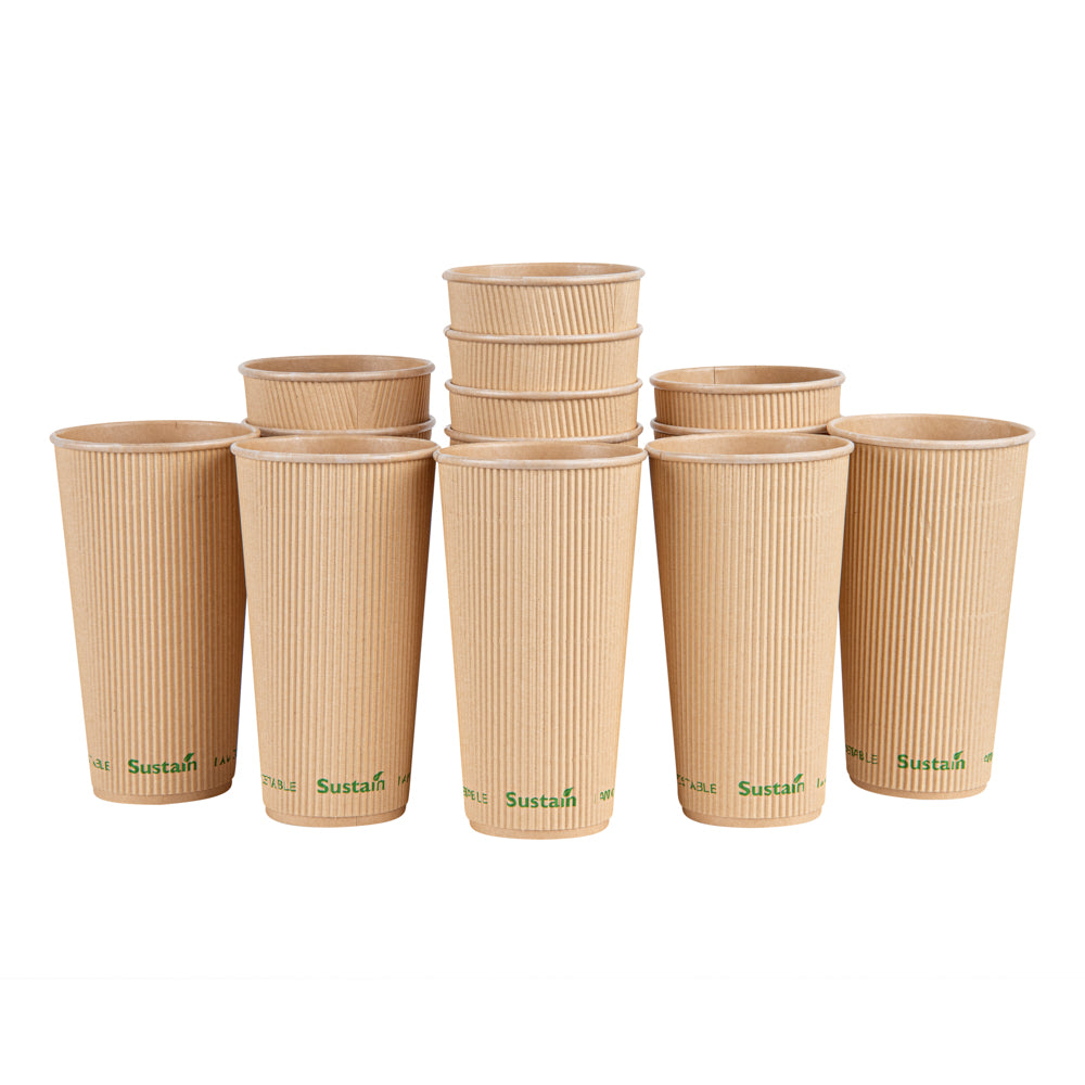 Sustain 20 oz Kraft Paper Coffee Cup - PLA Lining, Compostable, Ripple Wall - 3 1/2" x 3 1/2" x 6 1/4" - 250 count box