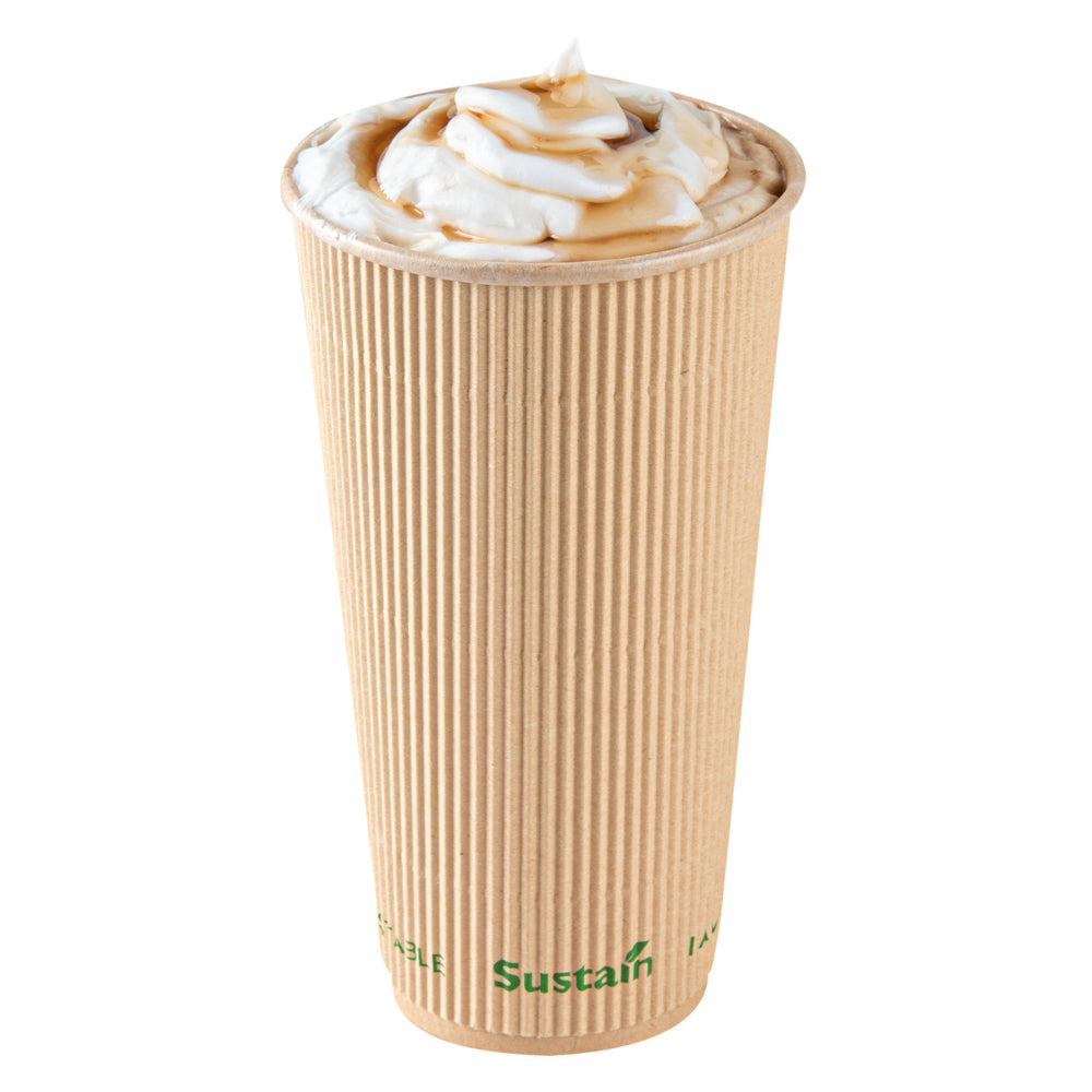 Sustain 20 oz Kraft Paper Coffee Cup - PLA Lining, Compostable, Ripple Wall - 3 1/2" x 3 1/2" x 6 1/4" - 250 count box