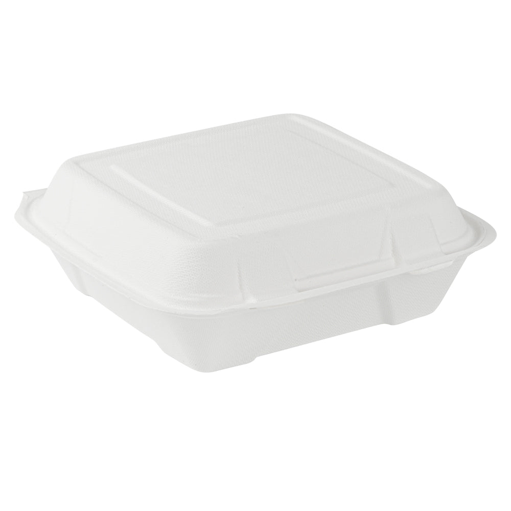 Pulp Safe No PFAS Added 32 oz White Sugarcane / Bagasse Clamshell Container - Home Compostable - 9 1/4" x 9 1/4" x 3 1/4" - 100 count box