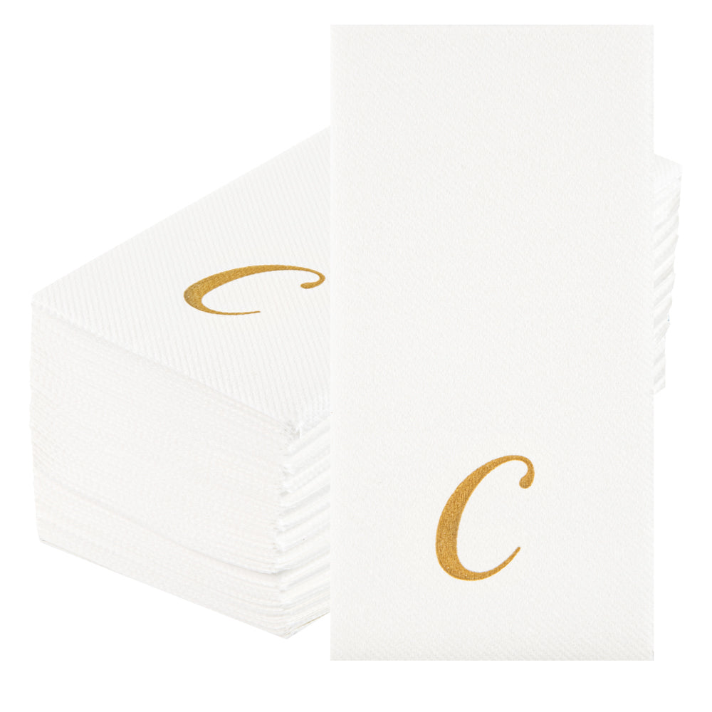 Luxenap Rectangle Gold Letter C White Paper Linen-Feel Guest Towel / Napkin - Air Laid, Cursive Font - 15 3/4" x 8" - 2000 count box