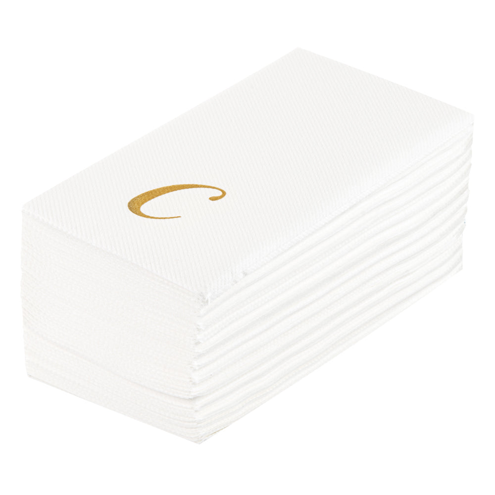 Luxenap Rectangle Gold Letter C White Paper Linen-Feel Guest Towel / Napkin - Air Laid, Cursive Font - 15 3/4" x 8" - 2000 count box