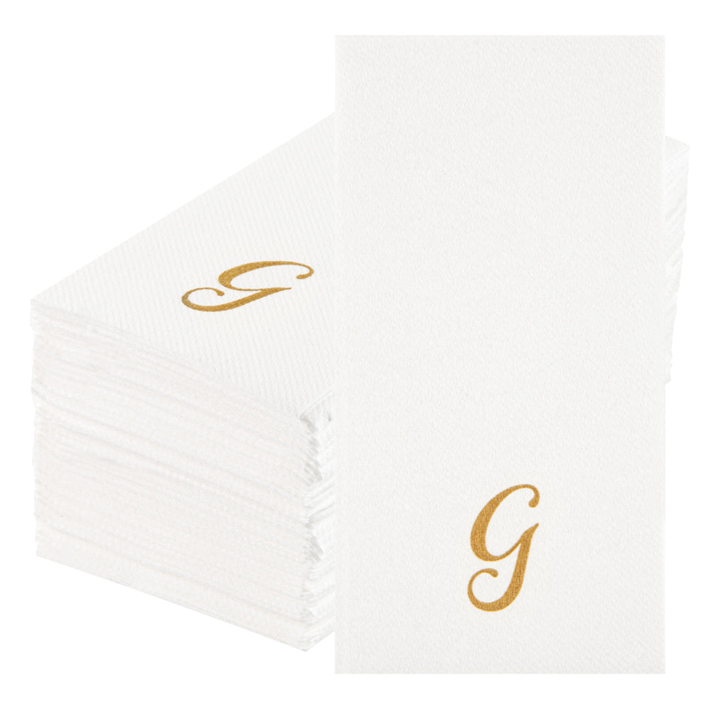 Luxenap Rectangle Gold Letter G White Paper Linen-Feel Guest Towel / Napkin - Air Laid, Cursive Font - 15 3/4" x 8" - 2000 count box