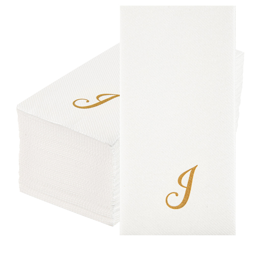 Luxenap Rectangle Gold Letter J White Paper Linen-Feel Guest Towel / Napkin - Air Laid, Cursive Font - 15 3/4" x 8" - 2000 count box