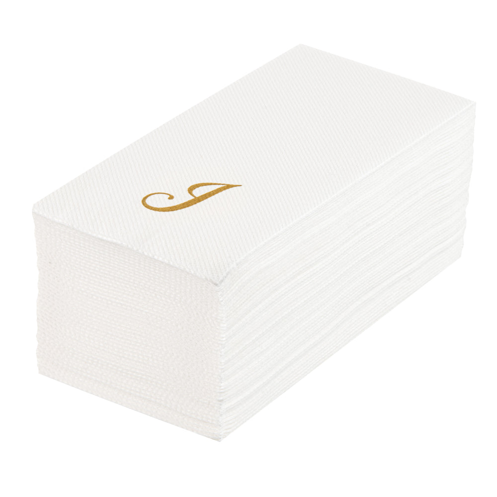 Luxenap Rectangle Gold Letter J White Paper Linen-Feel Guest Towel / Napkin - Air Laid, Cursive Font - 15 3/4" x 8" - 2000 count box