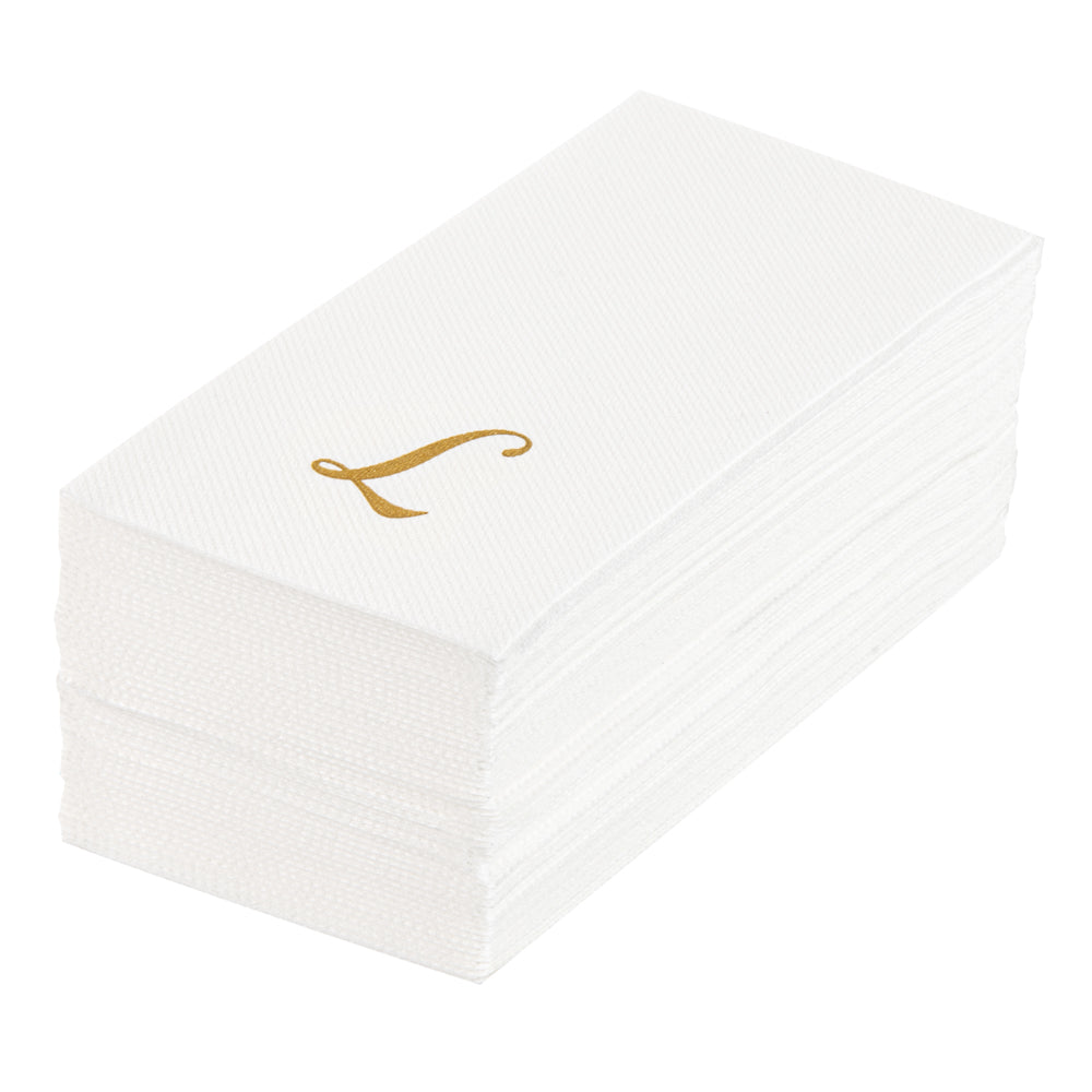 Luxenap Rectangle Gold Letter L White Paper Linen-Feel Guest Towel / Napkin - Air Laid, Cursive Font - 15 3/4" x 8" - 2000 count box