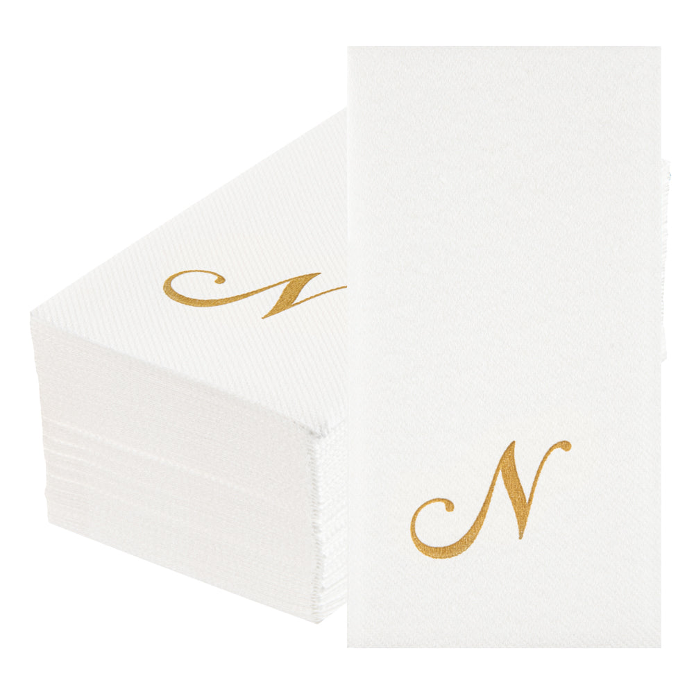 Luxenap Rectangle Gold Letter N White Paper Linen-Feel Guest Towel / Napkin - Air Laid, Cursive Font - 15 3/4" x 8" - 2000 count box