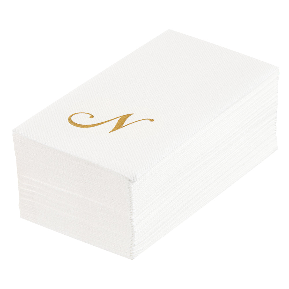 Luxenap Rectangle Gold Letter N White Paper Linen-Feel Guest Towel / Napkin - Air Laid, Cursive Font - 15 3/4" x 8" - 2000 count box