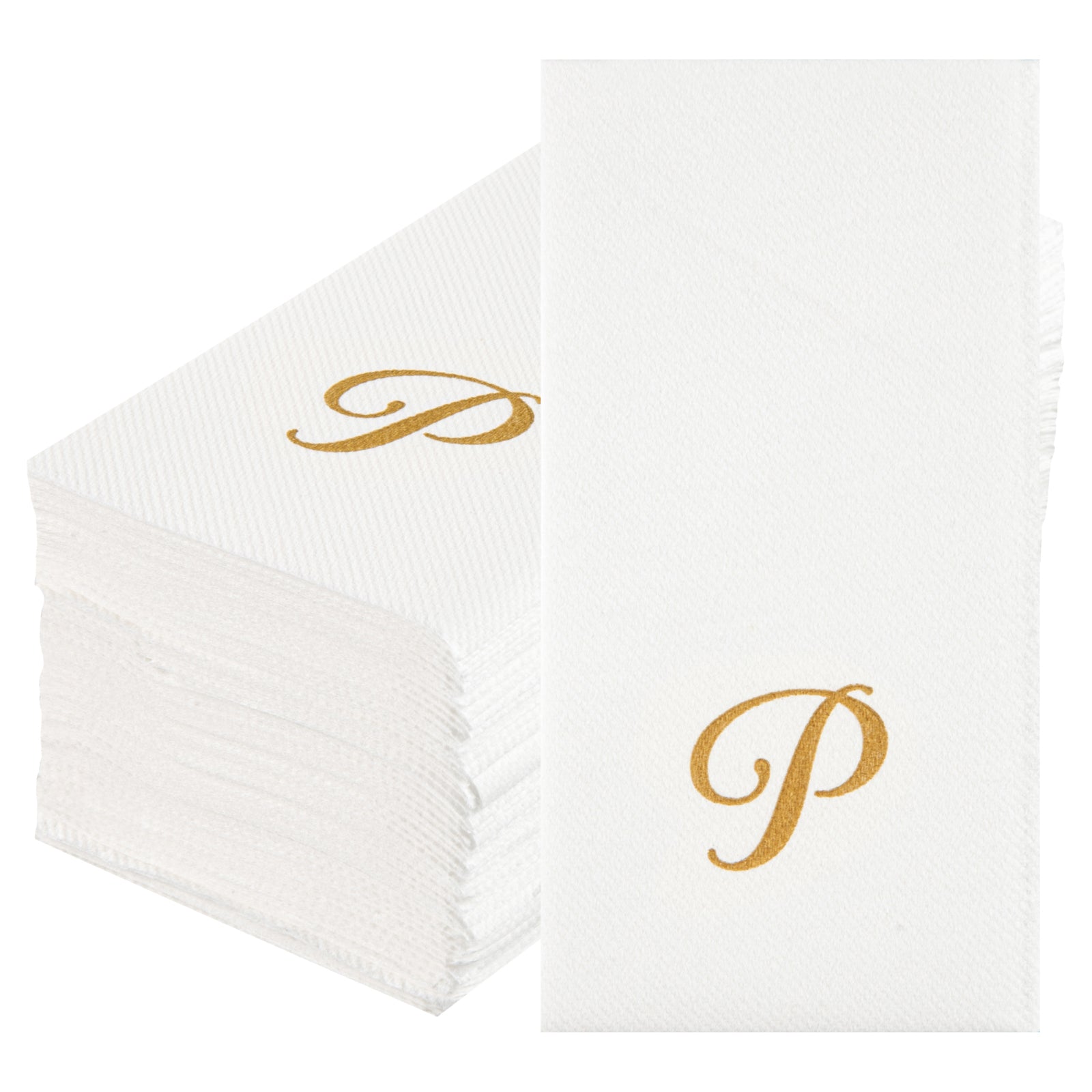 Luxenap Rectangle Gold Letter P White Paper Linen-Feel Guest Towel / Napkin - Air Laid, Cursive Font - 15 3/4" x 8" - 2000 count box