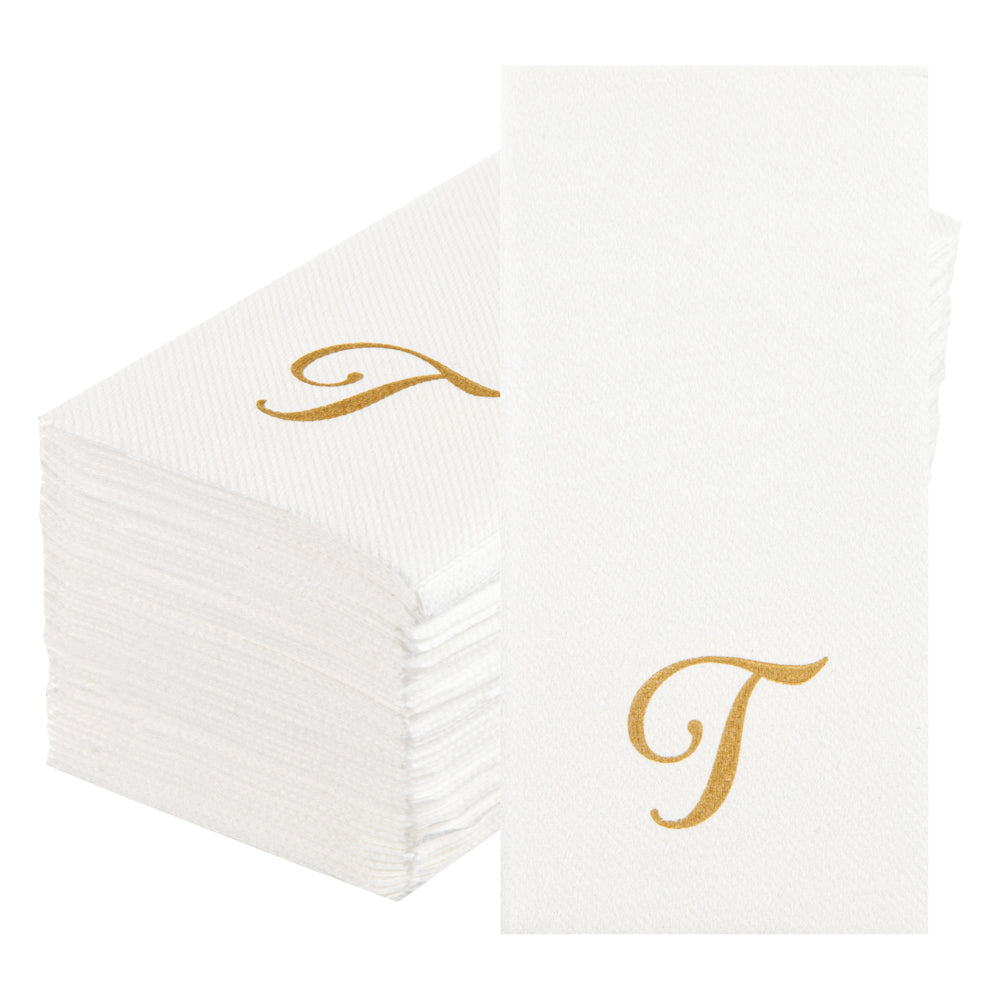 Luxenap Rectangle Gold Letter T White Paper Linen-Feel Guest Towel / Napkin - Air Laid, Cursive Font - 15 3/4" x 8" - 2000 count box