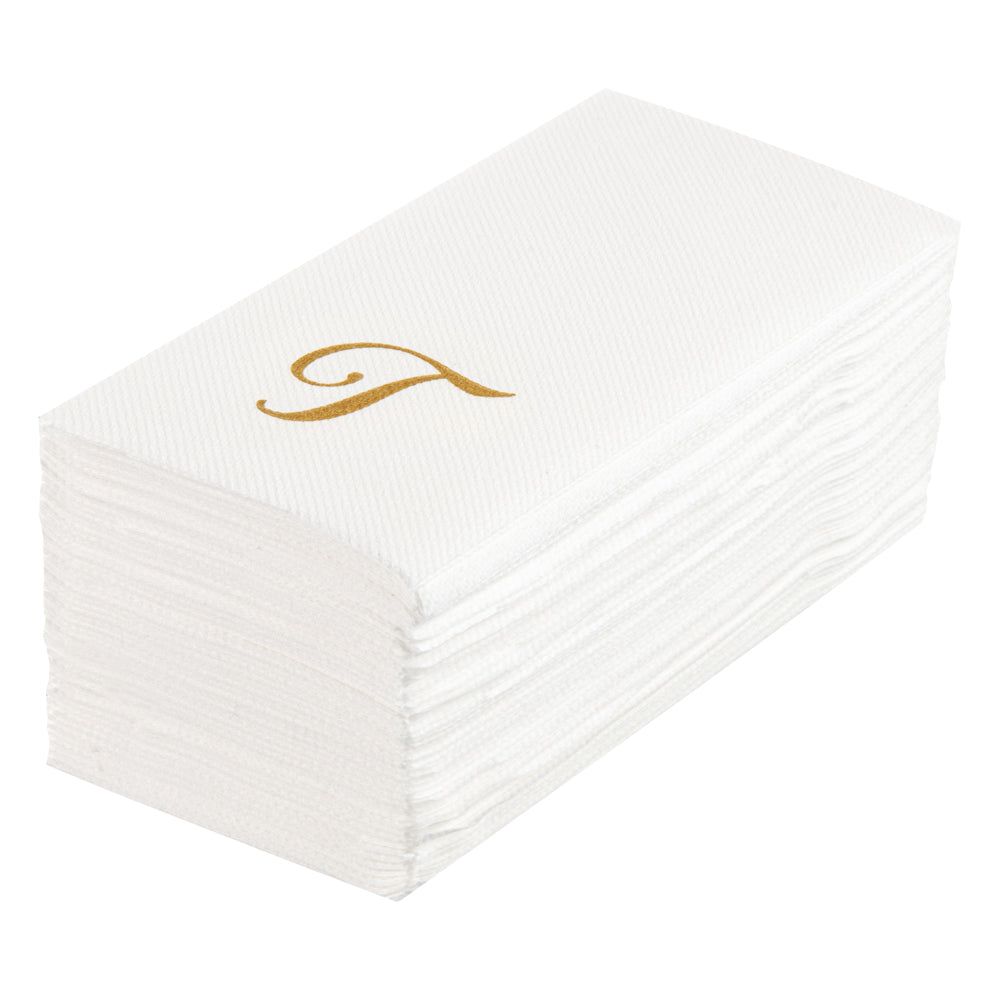 Luxenap Rectangle Gold Letter T White Paper Linen-Feel Guest Towel / Napkin - Air Laid, Cursive Font - 15 3/4" x 8" - 2000 count box