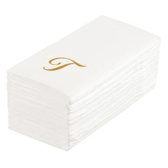 Luxenap Rectangle Gold Letter T White Paper Linen-Feel Guest Towel / Napkin - Air Laid, Cursive Font - 15 3/4