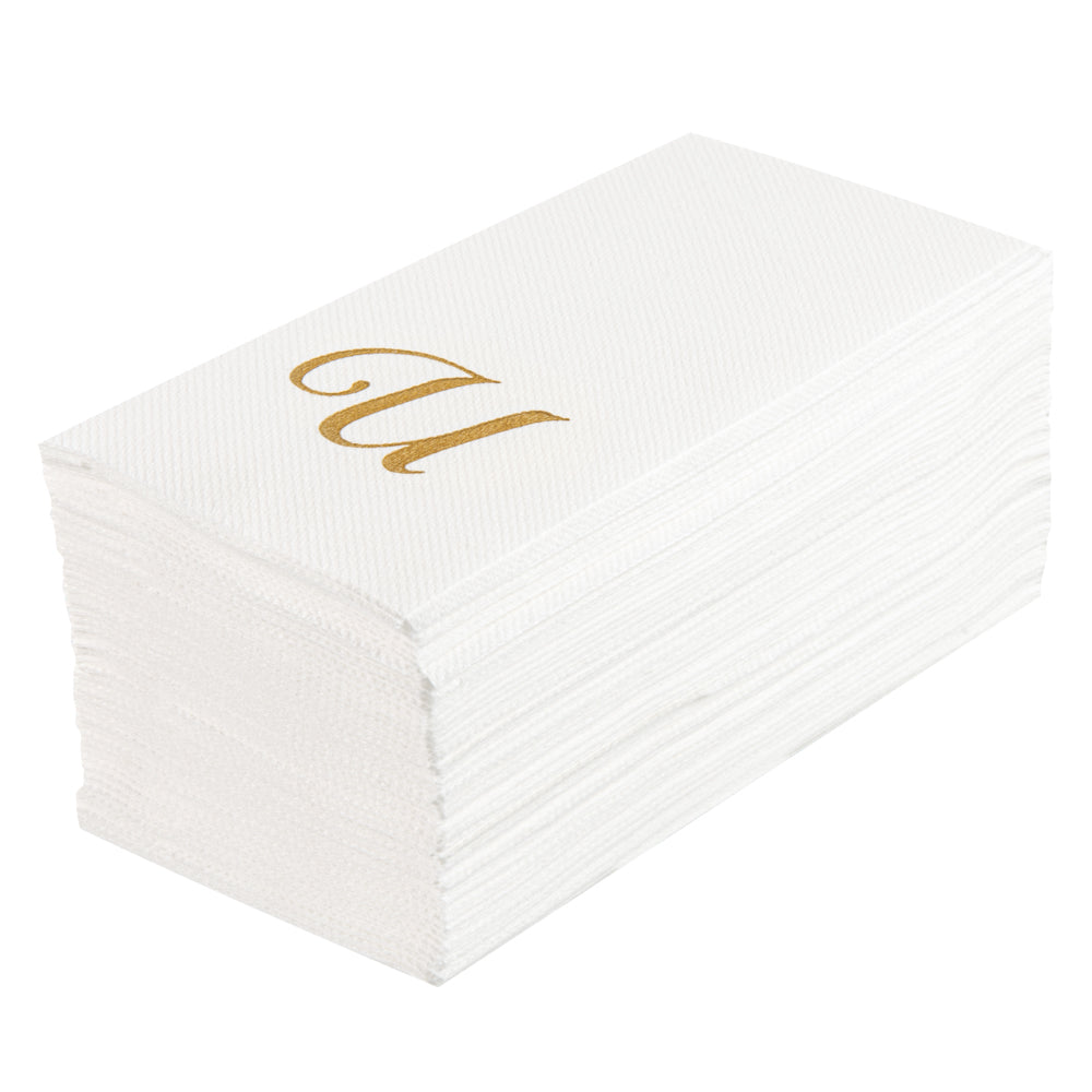 Luxenap Rectangle Gold Letter U White Paper Linen-Feel Guest Towel / Napkin - Air Laid, Cursive Font - 15 3/4" x 8" - 2000 count box