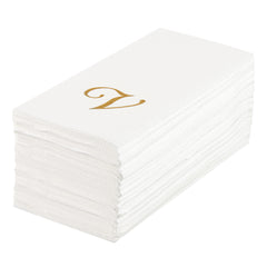 Luxenap Rectangle Gold Letter V White Paper Linen-Feel Guest Towel / Napkin - Air Laid, Cursive Font - 15 3/4