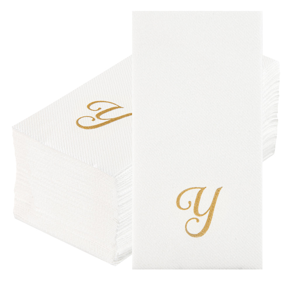 Luxenap Rectangle Gold Letter Y White Paper Linen-Feel Guest Towel / Napkin - Air Laid, Cursive Font - 15 3/4" x 8" - 2000 count box