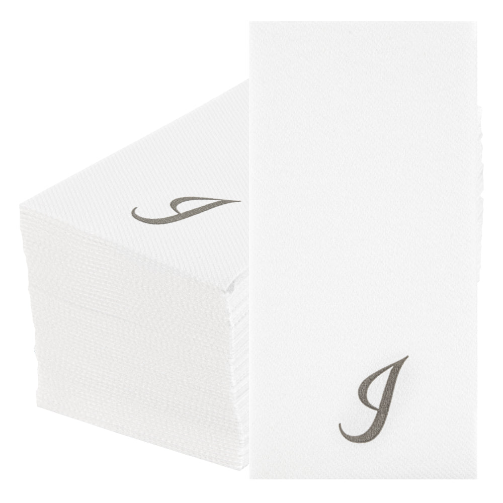 Luxenap Rectangle Silver Letter I White Paper Linen-Feel Guest Towel / Napkin - Air Laid, Cursive Font - 15 3/4" x 8" - 2000 count box