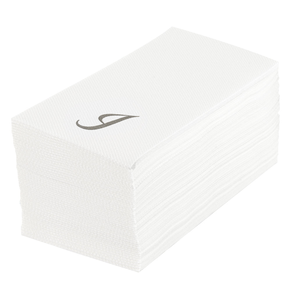 Luxenap Rectangle Silver Letter I White Paper Linen-Feel Guest Towel / Napkin - Air Laid, Cursive Font - 15 3/4" x 8" - 2000 count box