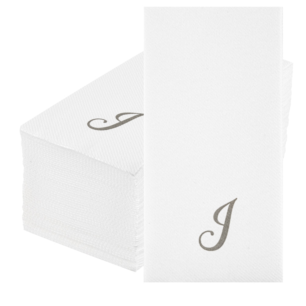 Luxenap Rectangle Silver Letter J White Paper Linen-Feel Guest Towel / Napkin - Air Laid, Cursive Font - 15 3/4" x 8" - 2000 count box