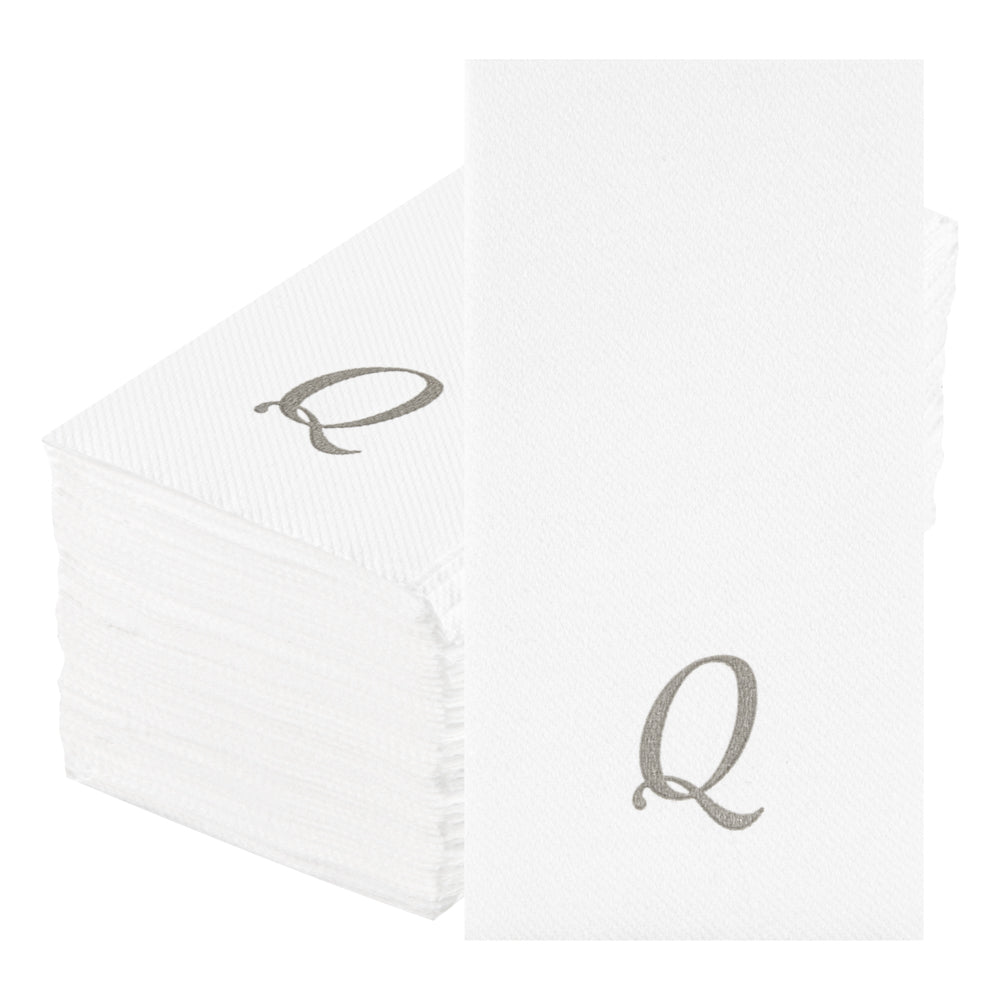 Luxenap Rectangle Silver Letter Q White Paper Linen-Feel Guest Towel / Napkin - Air Laid, Cursive Font - 15 3/4" x 8" - 2000 count box