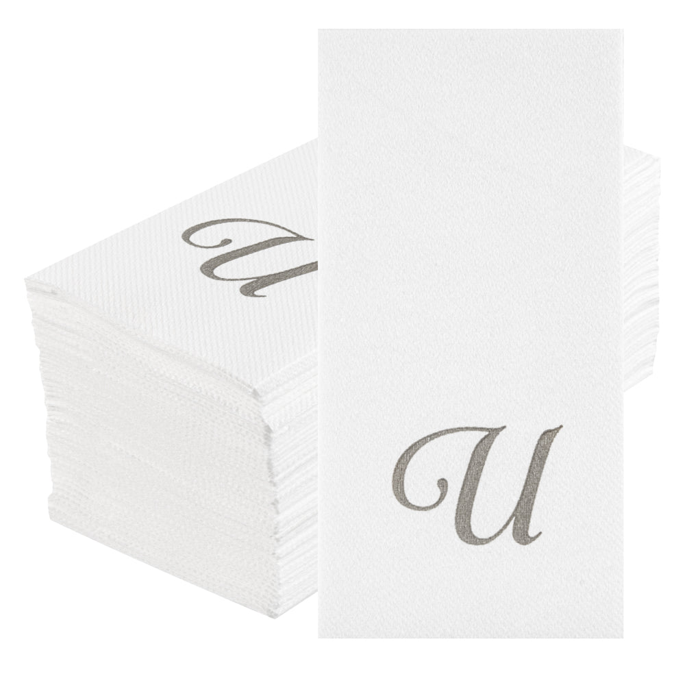 Luxenap Rectangle Silver Letter U White Paper Linen-Feel Guest Towel / Napkin - Air Laid, Cursive Font - 15 3/4" x 8" - 2000 count box