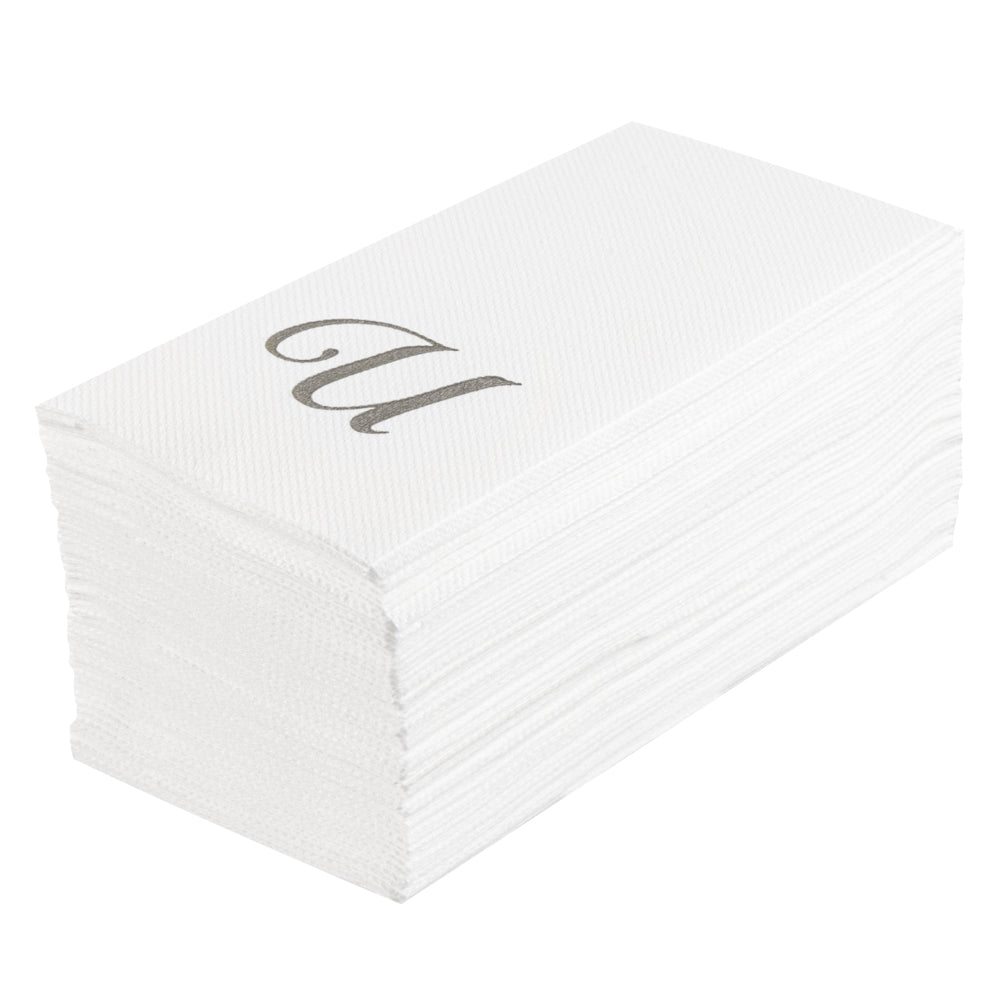 Luxenap Rectangle Silver Letter U White Paper Linen-Feel Guest Towel / Napkin - Air Laid, Cursive Font - 15 3/4" x 8" - 2000 count box