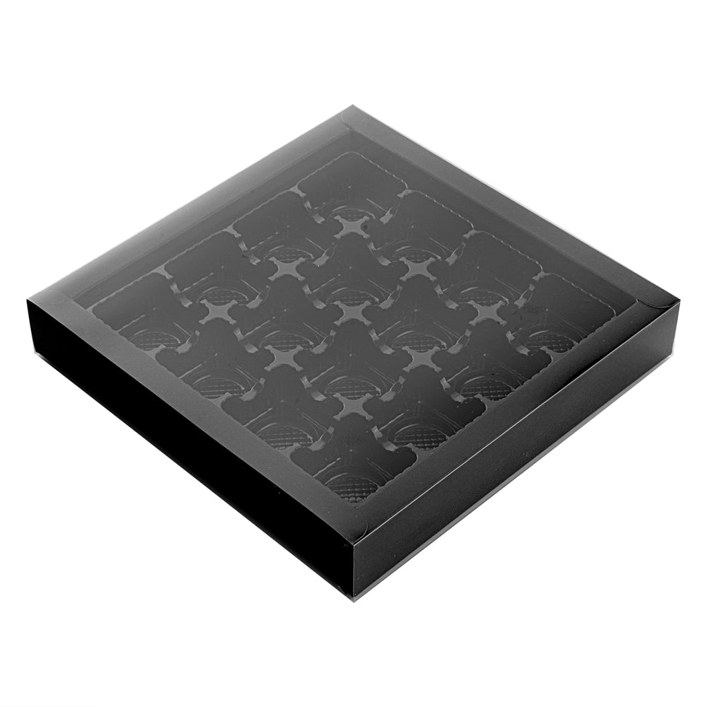 Sweet Vision Square Black Paper Candy / Chocolate Boxes - 16 Compartments - 9" x 9" x 1 1/2" - 100 count box