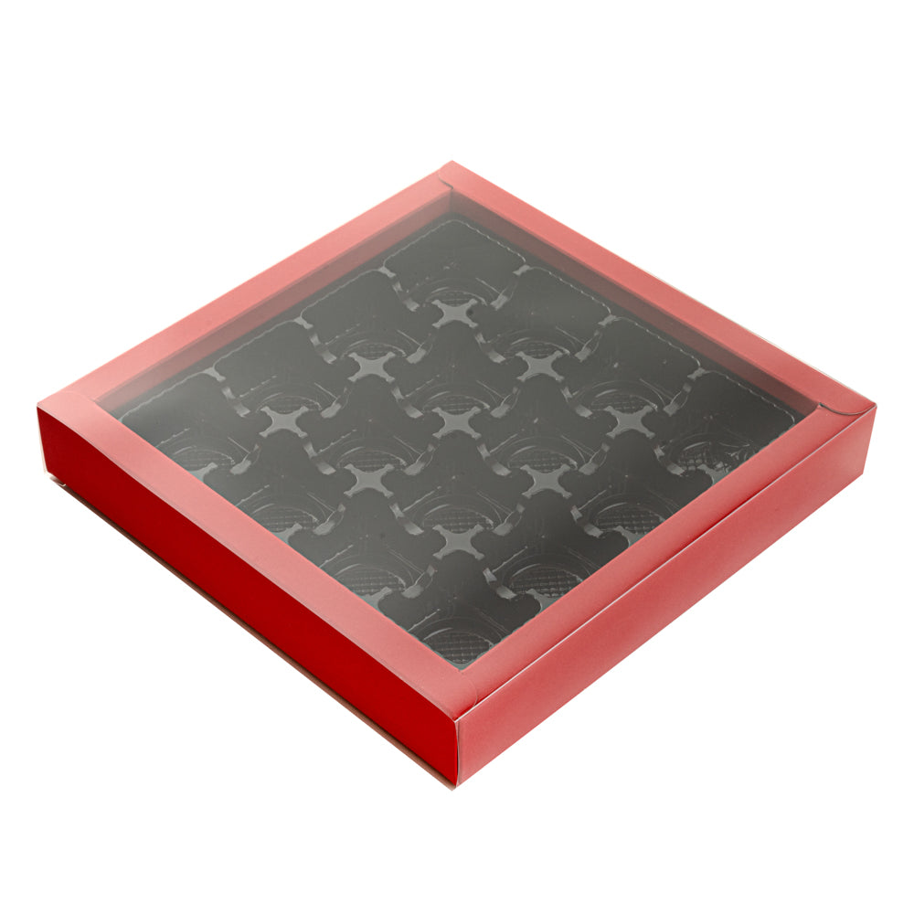 Sweet Vision Square Red Paper Candy / Chocolate Boxes - 16 Compartments - 9" x 9" x 1 1/2" - 100 count box