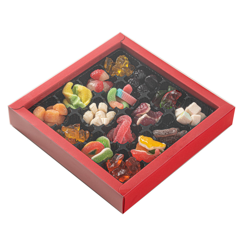 Sweet Vision Square Red Paper Candy / Chocolate Boxes - 16 Compartments - 9" x 9" x 1 1/2" - 100 count box