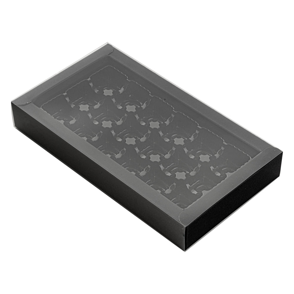 Sweet Vision Rectangle Black Paper Candy / Chocolate Boxes - 18 Compartments - 10" x 5 3/4" x 1 1/2" - 100 count box