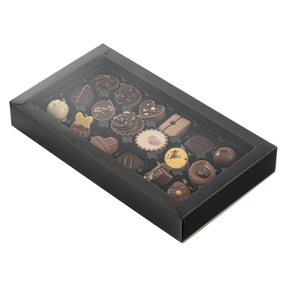 Sweet Vision Rectangle Black Paper Candy / Chocolate Boxes - 18 Compartments - 10" x 5 3/4" x 1 1/2" - 100 count box