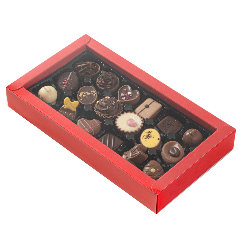 Sweet Vision Rectangle Red Paper Candy / Chocolate Boxes - 18 Compartments - 10" x 5 3/4" x 1 1/2" - 100 count box