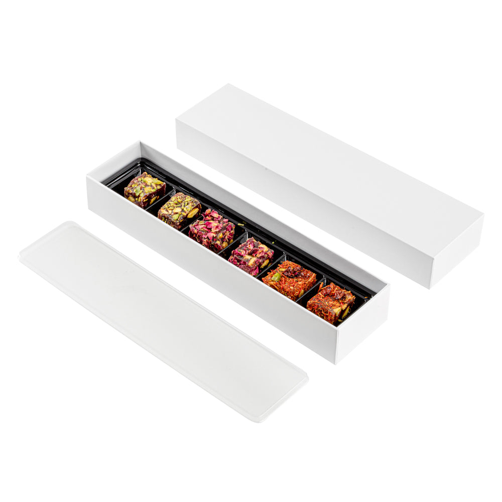 Sweet Vision Rectangle White Paper Candy / Chocolate Boxes - 6 Compartments - 10 3/4" x 2 3/4" x 1 1/2" - 100 count box