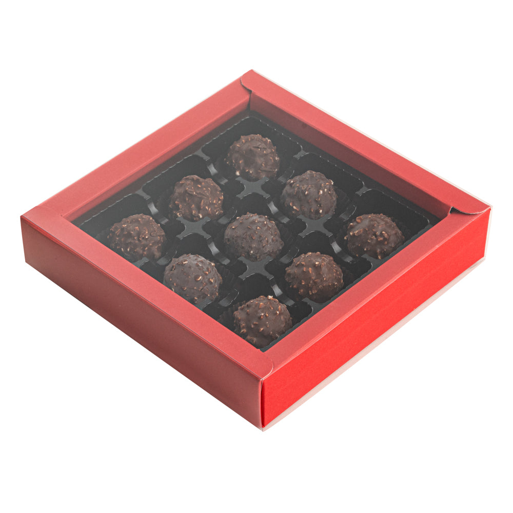 Sweet Vision Square Red Paper Candy / Chocolate Boxes - 9 Compartments - 7 1/4" x 7 1/4" x 1 1/2" - 100 count box