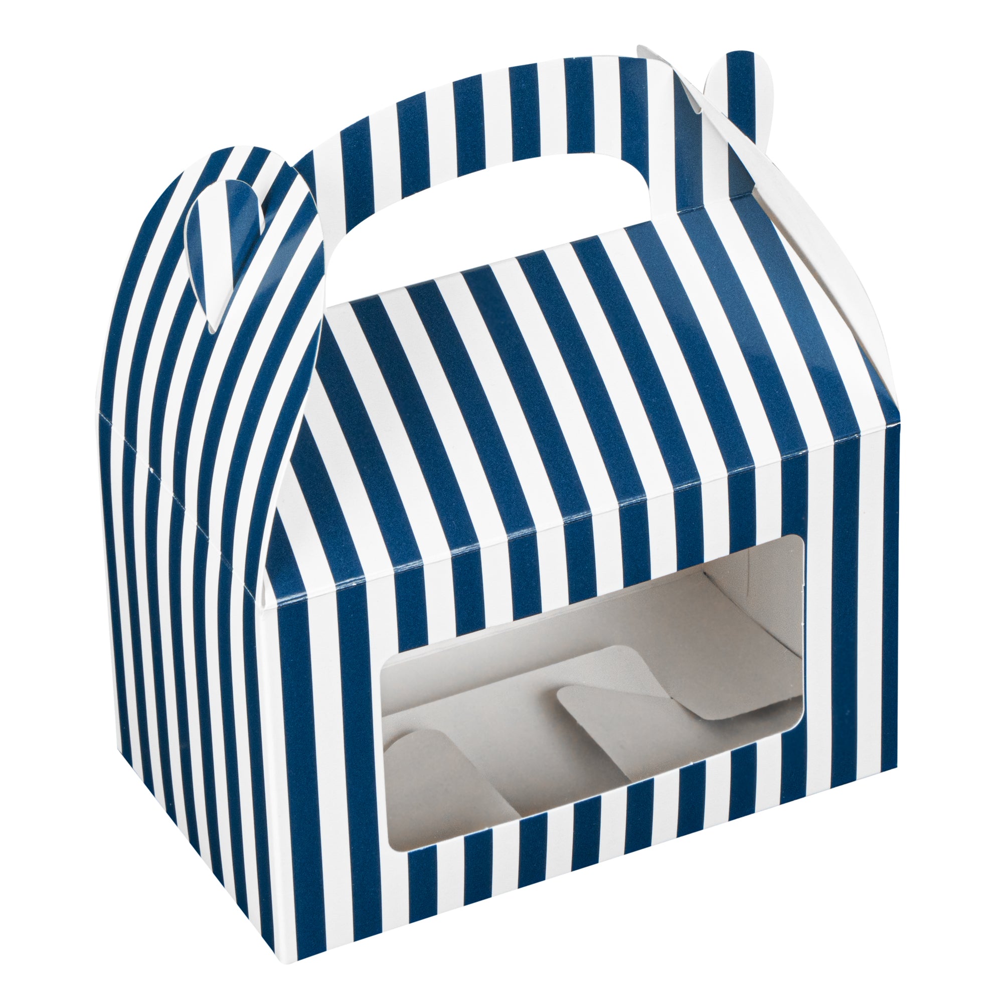 Bio Tek Blue & White Stripe Paper Gable Box / Lunch Box - with Window - 6" x 3 1/2" x 3 1/2" - 100 count box