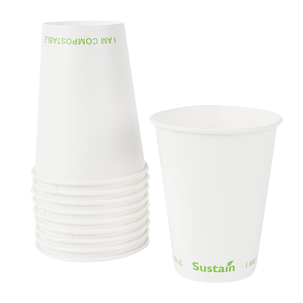 Sustain 12 oz White Paper Cold Cup - PLA Lining, Compostable - 3 1/2" x 3 1/2" x 4 1/4" - 1000 count box