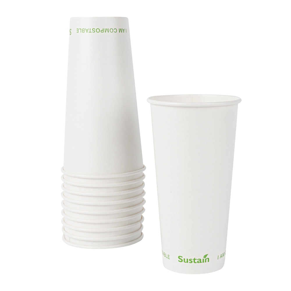 Sustain 20 oz White Paper Cold Cup - PLA Lining, Compostable - 3 1/2" x 3 1/2" x 6 1/4" - 1000 count box