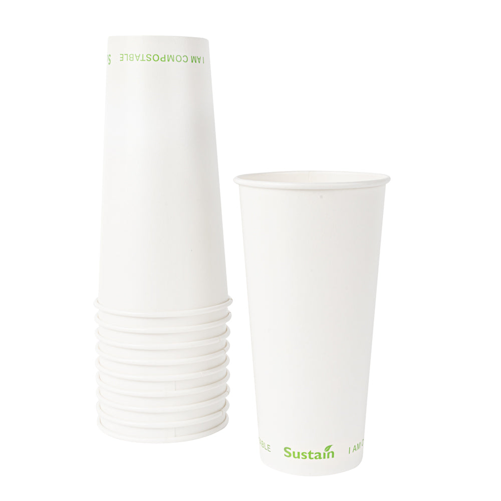 Sustain 22 oz White Paper Cold Cup - PLA Lining, Compostable - 3 1/2" x 3 1/2" x 6 3/4" - 1000 count box