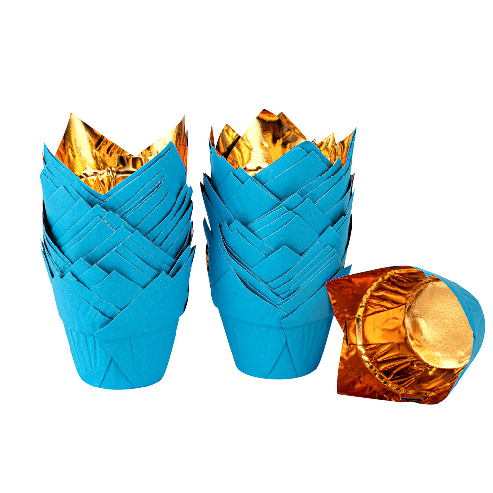 Panificio 3.9 oz Blue Foil Paper Tulip Baking Cup - 3 1/4" x 3 1/4" x 2 3/4" - 500 count box