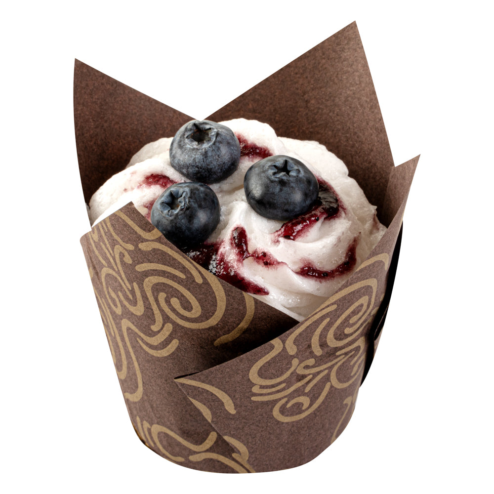 Panificio 3.5 oz Brown Paper Floral Tulip Baking Cup - Greaseproof - 3 1/4" x 3 1/4" x 3 1/4" - 500 count box